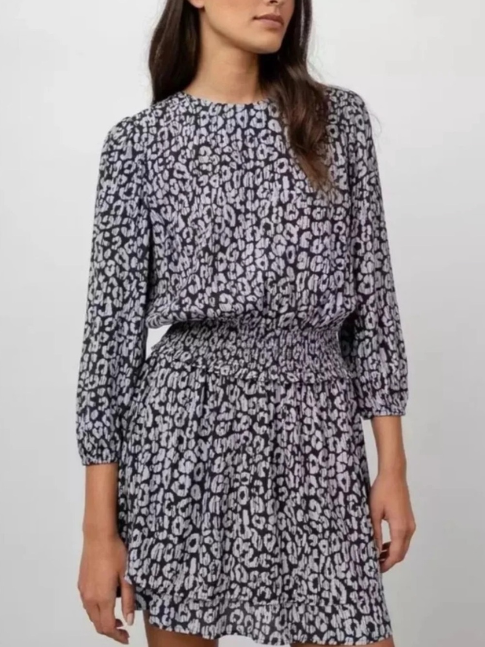 Rails Inez Mini Dress in Black Batik Cheetah Smocked Waist size XS